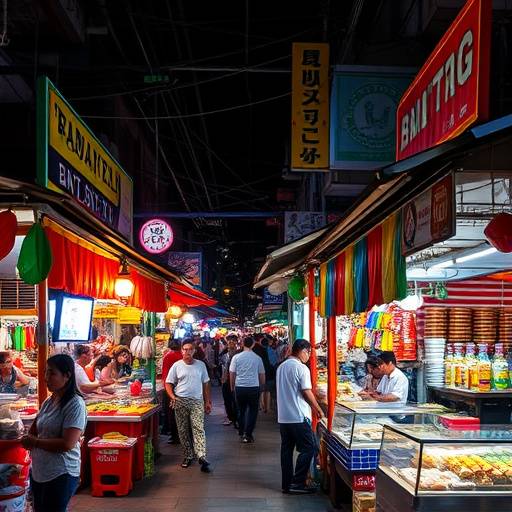 A bustling night market in Bangkok, Thailand, filled with colorful stalls and food vendors