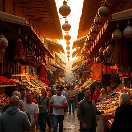 A bustling street market in Marrakesh, Morocco, with vendors displaying colorful spices and textiles.