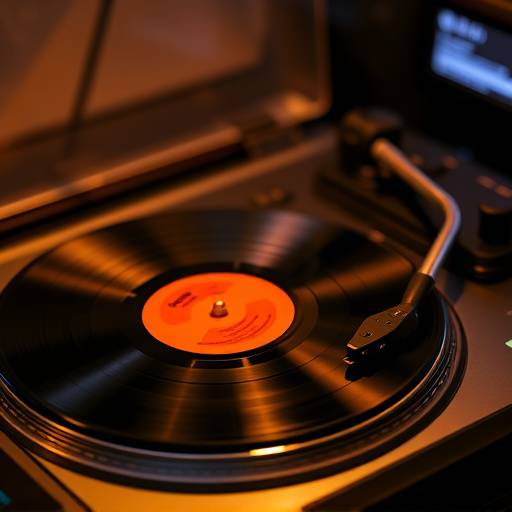 A close-up shot of a vinyl record spinning on a turntable with warm lighting.