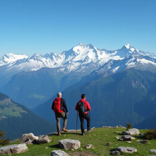 A diverse group of hikers enjoying a scenic trail in the Swiss Alps with snow-capped mountains