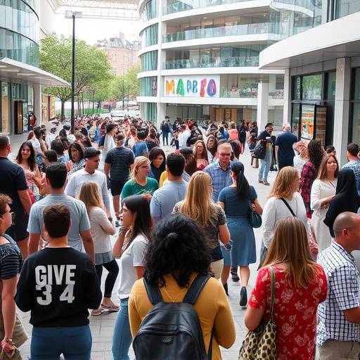 A diverse group of people interacting in a modern, art-filled public space.