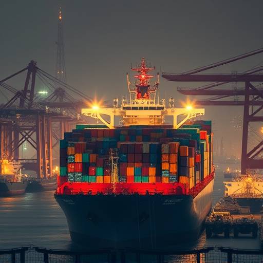 A large container ship navigating through a crowded port in Shanghai, China.