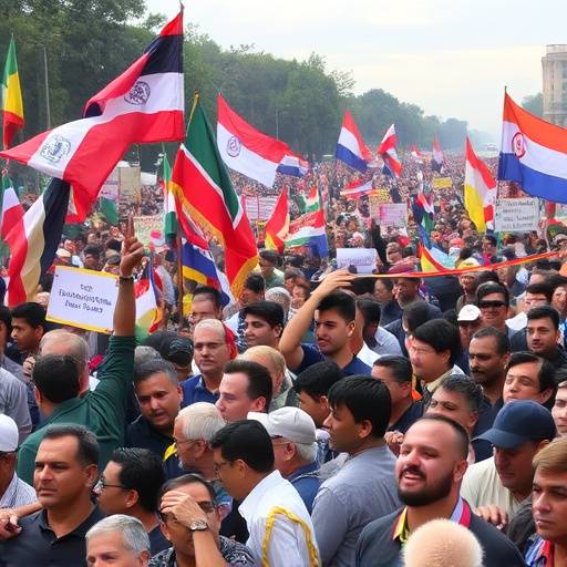 A large crowd of people gathered at a political rally, holding flags and banners.