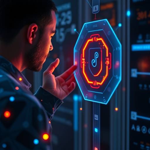 A person interacting with a holographic AI interface.