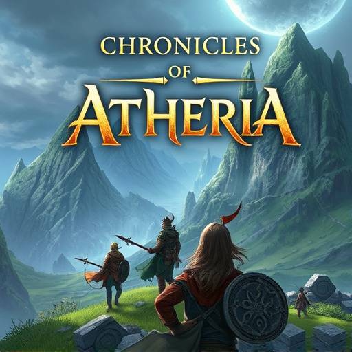 A promotional image for the TV series 'Chronicles of Atheria' showing a diverse group of adventurers standing on a cliff overlooking a fantastical landscape.