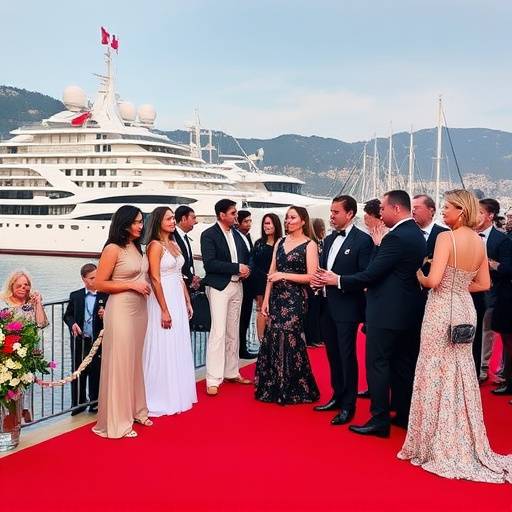 A red carpet scene at a glamorous charity gala in Monaco, with celebrities in formal attire mingling.