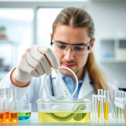 A researcher examining a petri dish containing microbial cultures in a modern laboratory.