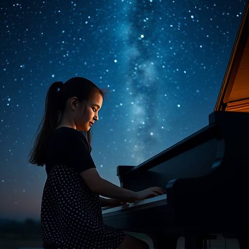 A still from the movie 'Starlight Sonata' showing a young woman playing a grand piano under a starry sky.