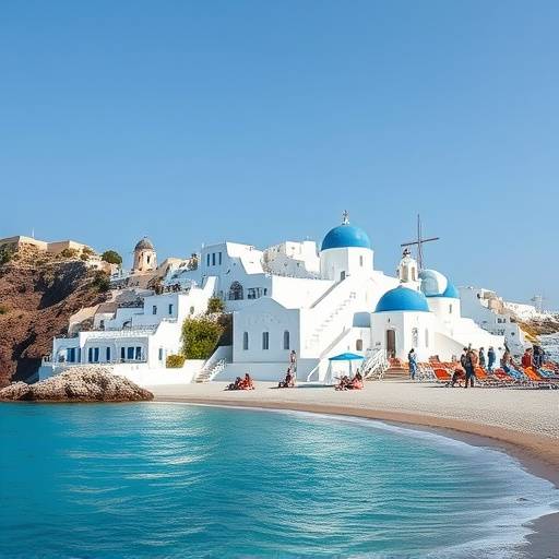 A tranquil beach scene in Santorini, Greece, with iconic white-washed buildings and blue domes