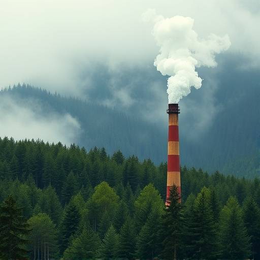 A vibrant green forest juxtaposed with a smoking industrial chimney, illustrating the climate change conflict.