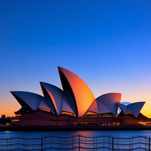 A view of the Sydney Opera House at sunset, with a clear blue sky above.