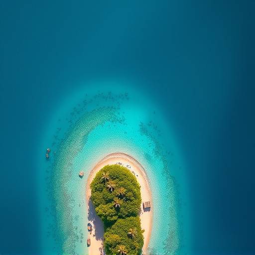 Aerial view of a vibrant tropical island with turquoise waters and lush green foliage