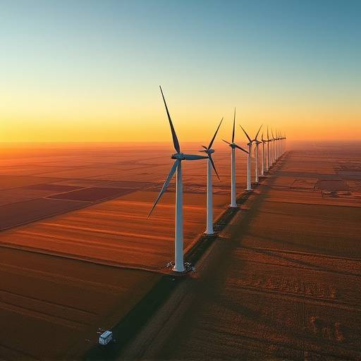 An aerial view of renewable energy wind turbines in a vast field in Northern Europe.