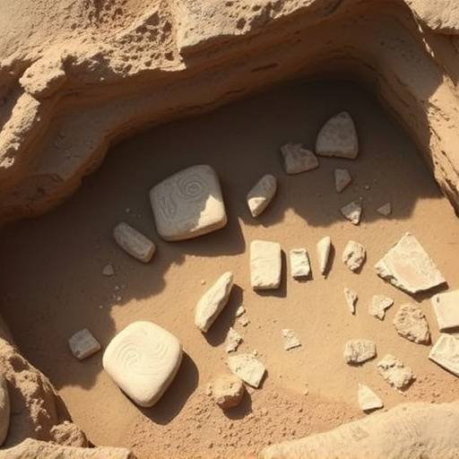 Archaeological dig site with ancient pottery fragments visible