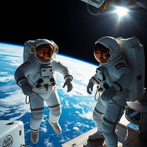 Astronauts working on the exterior of the International Space Station.