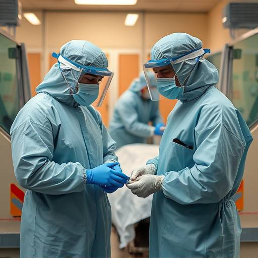 Doctors in protective gear treating patients in a makeshift hospital ward.