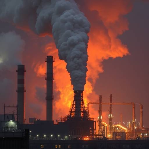 Explosion at a chemical plant with smoke billowing into the sky.