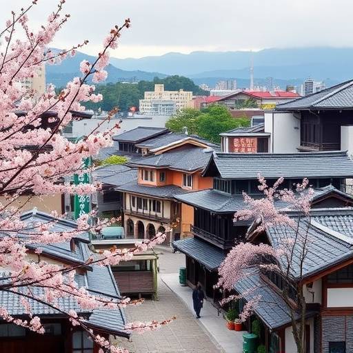 Historic cityscape of Kyoto, Japan, with traditional wooden buildings and cherry blossoms