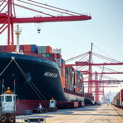 Image of a large cargo ship being unloaded at a busy port.