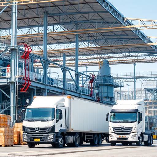 Image of a modern factory with trucks loading goods