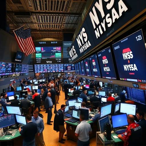 Image of a stock market trading floor with people looking at screens