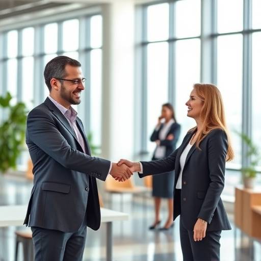 Image of business people shaking hands in a modern office