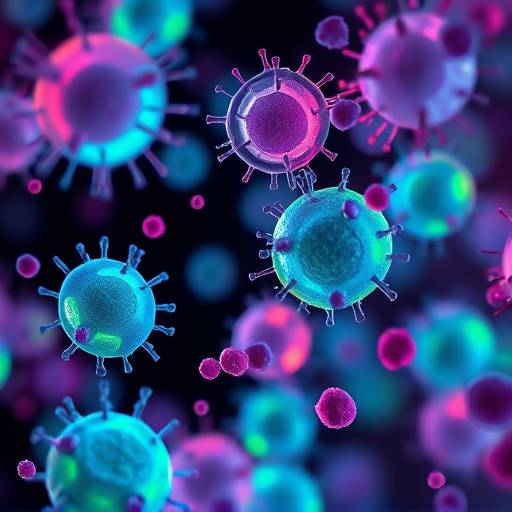 Microscopic view of genetically engineered cells glowing under fluorescent light