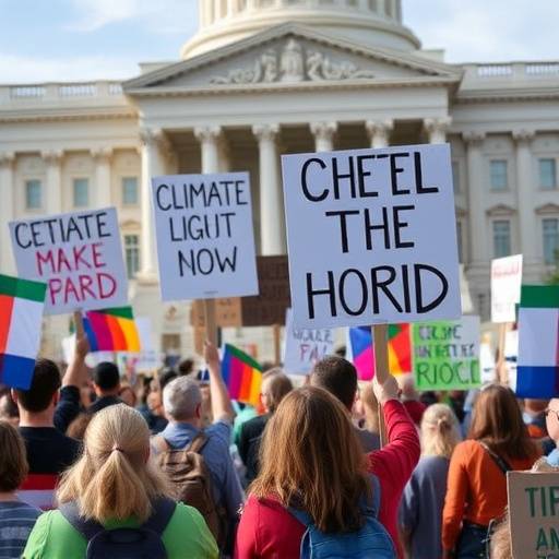 Protesters holding signs in front of a government building during a climate rally.