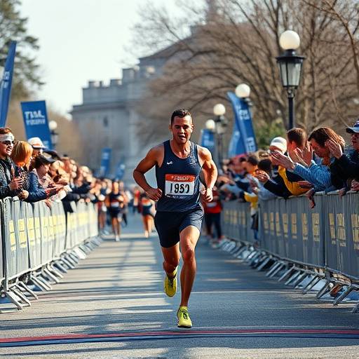 Runner crossing the finish line in a marathon with a cheering crowd in the background