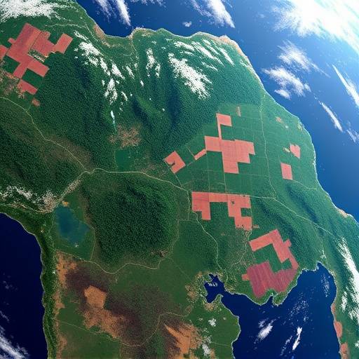 Satellite image showing deforestation in the Amazon rainforest, with visible patches of cleared land.