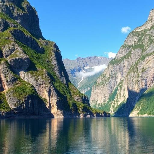 Serene landscape of the Norwegian fjords with dramatic cliffs and clear water